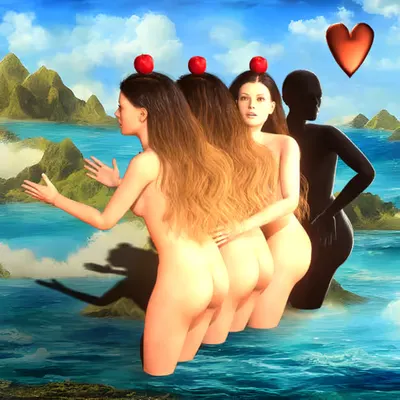 #247 | Group with apples on head scene with background seed 593 and a Red Heart card suit