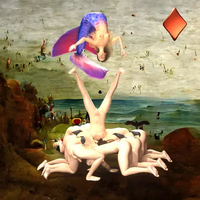 #250 | Mermaid celebration scene with background seed 745 and a Red Diamond card suit