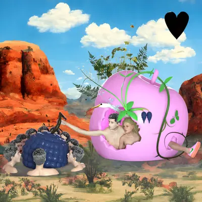 #252 | Group feeding alongside lovers in a Mega-Apple scene with background seed 815 and a Black Heart card suit