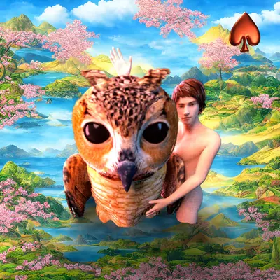 #253 | Man with Mega-Owl scene with background seed 117 and a Red Spade card suit
