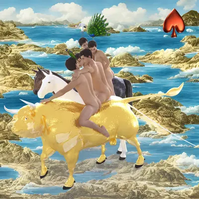 #254 | Man riding golden bull in group scene with background seed 415 and a Red Spade card suit