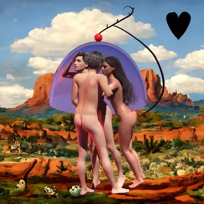 #256 | Threesome in a glass umbrella scene with background seed 976 and a Black Heart card suit