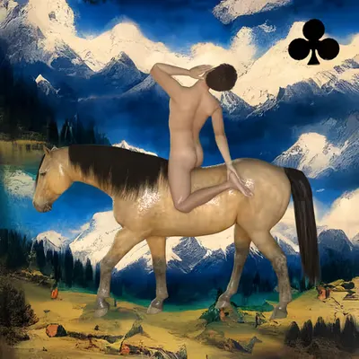 #259 | Man dramatic while riding horse scene with background seed 856 and a Black Club card suit