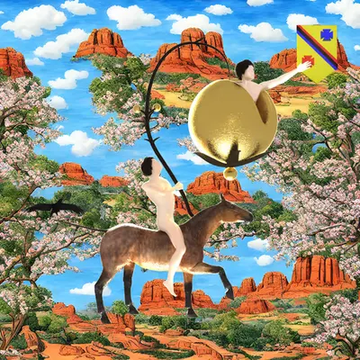 #302 | Man Riding Horse Holding Mega-Fruit scene with background seed 225 and a Shield (Swiss-German) card suit