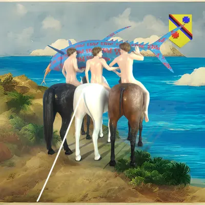 #303 | Group riding horses carrying a large fish scene with background seed 598 and a Shield (Swiss-German) card suit