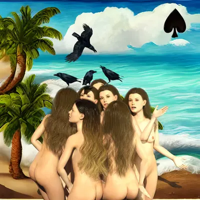 #313 | Group fighting ravens scene with background seed 697 and a Black Spade card suit