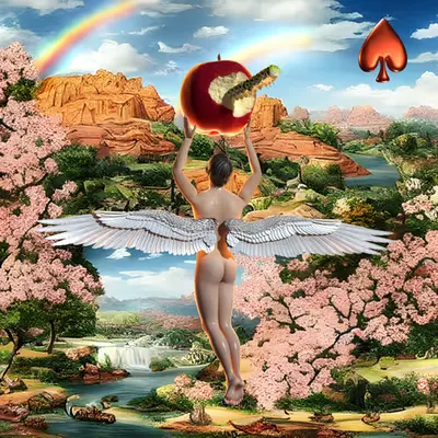 #421 | Angel holding apple with caterpillar scene with background seed 229 and a Red Spade card suit