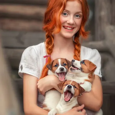Girl with puppies