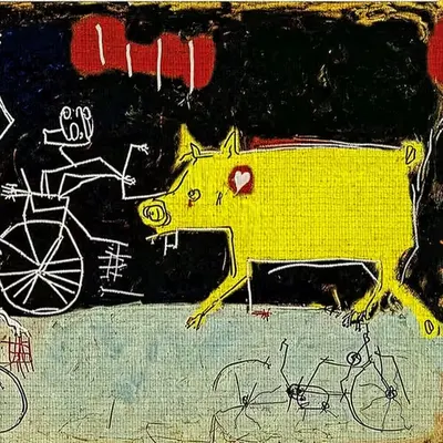 My soul riding a bike through the streets of pluton and a yellow pig