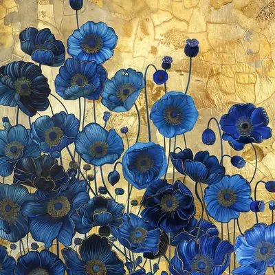 Blue Poppies on Gold