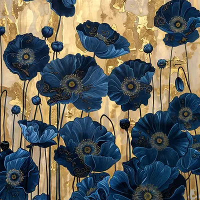 Blue Poppies on gold backdrop