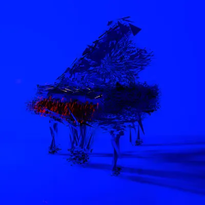 Shattered blue piano with red keys