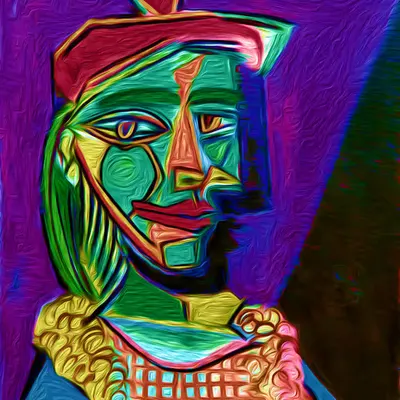 Femme au béret et à la robe quadrillée