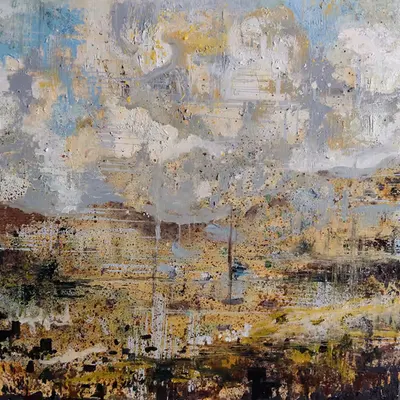 Pictorial composition in earthy beige and brown tones, with gray and white cloud-like areas and a gr
