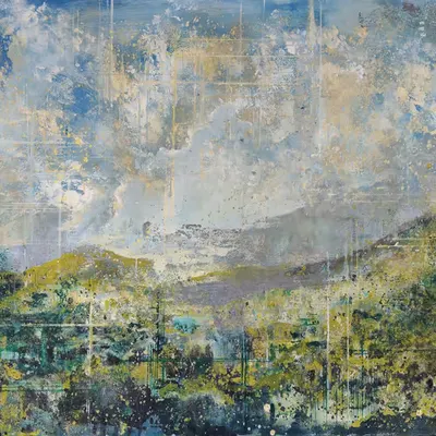 Pictorial composition in shades of blue, green, and ochre, with broad cloudy areas and atmospheric l